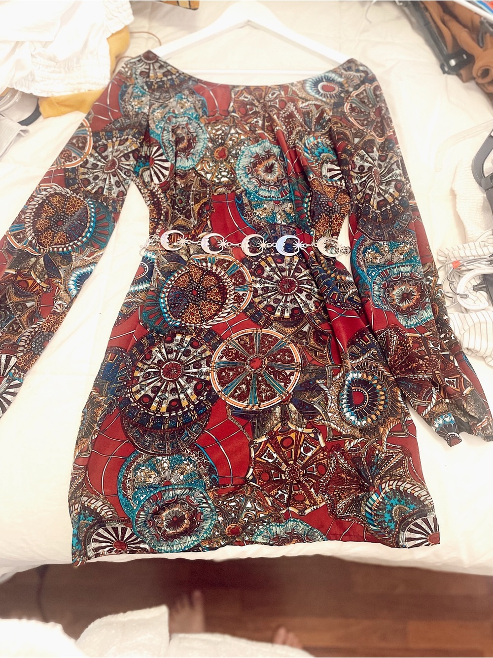 Auditions Maroon Printed Long-Sleeve Dress with Teal and Brown Accents